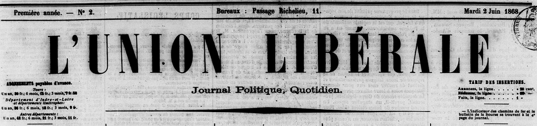 Photo (BnF / Gallica) de : L'Union libérale. Tours, 1868-1919. ISSN 2025-5136.