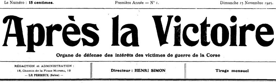Photo (Archives de la Collectivité de Corse – Pumonti) de : Après la victoire. Le Perreux (Seine), 1925. ISSN 1964-0374.