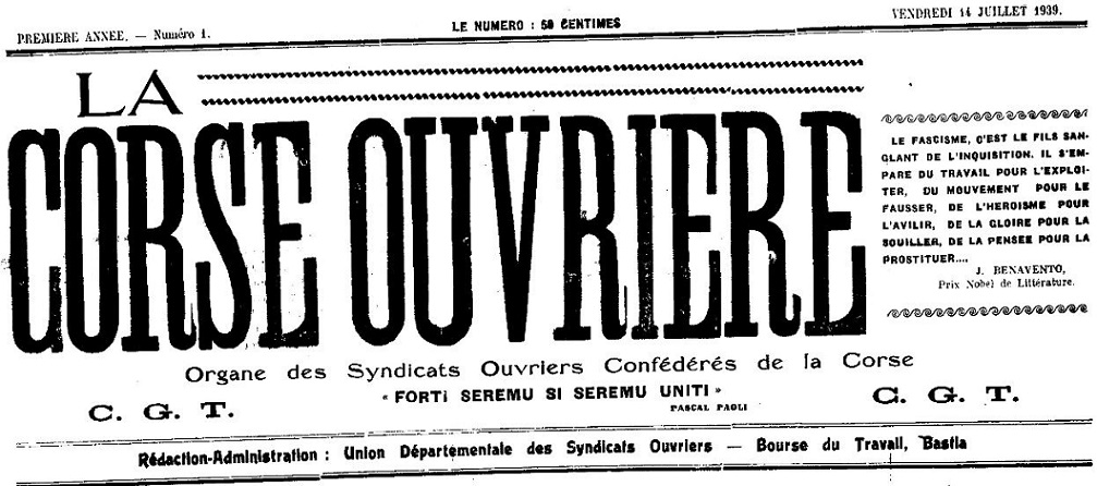 Photo (Archives de la Collectivité de Corse – Pumonti) de : La Corse ouvrière. Bastia, 1939-[1939 ?]. ISSN 1964-0471.