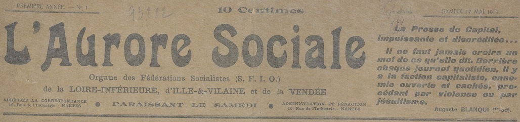 Photo (BnF / Gallica) de : L'Aurore sociale. Nantes, 1919. ISSN 2121-1523.