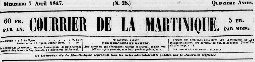 Photo (BnF / Gallica) de : Courrier de la Martinique. Saint-Pierre, 1833-[1852 ?]. ISSN 2428-1212.