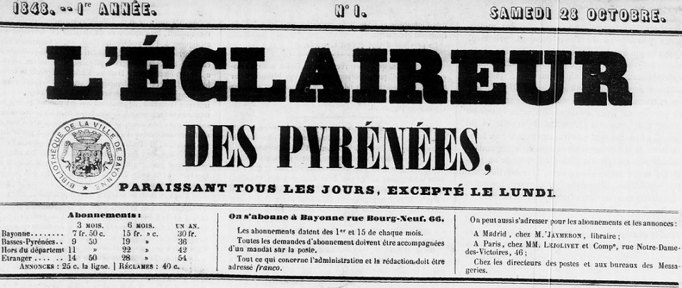 Photo (BnF / Gallica) de : L'Éclaireur des Pyrénées. Bayonne, 1848-1851. ISSN 2017-0327.