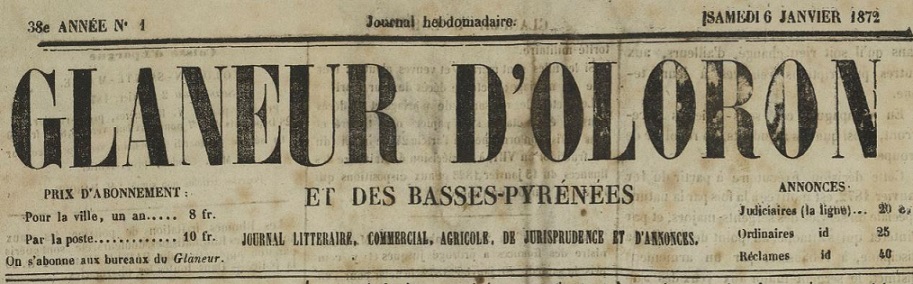 Photo (BnF / Gallica) de : Le Glaneur d'Oloron et des Basses-Pyrénées. Oloron : B. Lapeyrette, 1841-1944. ISSN 2016-9833.