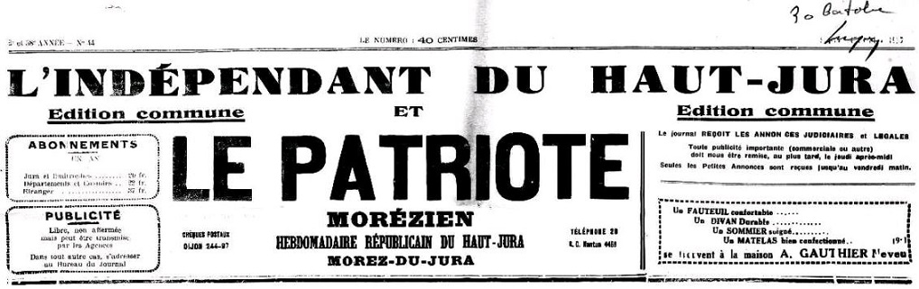 Photo (Jura. Archives départementales) de : L'Indépendant du Haut-Jura et le Patriote morézien. Morez-du-Jura, 1937. ISSN 2129-6138.