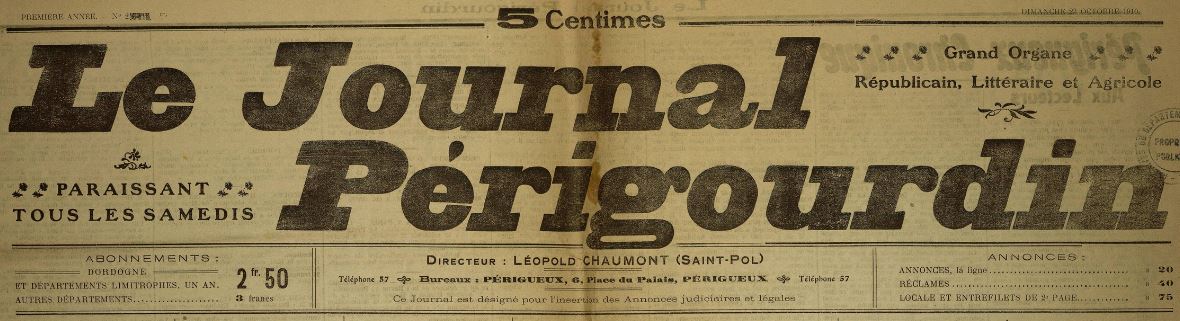 Photo (Dordogne. Archives départementales) de : Le Journal périgourdin. Périgueux, 1910-1912. ISSN 2113-6742.