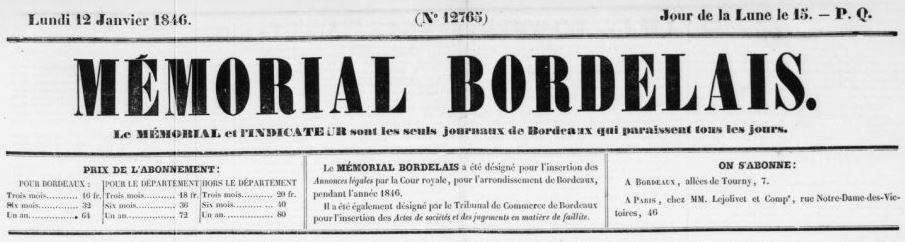 Photo (BnF / Gallica) de : Le Mémorial bordelais. Bordeaux, 1814-1862. ISSN 2131-991X.