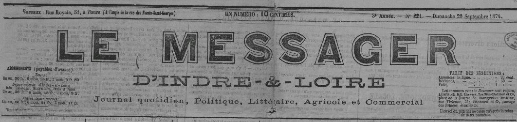 Photo (Indre-et-Loire. Archives départementales) de : Le Messager d'Indre-et-Loire. Tours, 1873-1903. ISSN 2132-087X.