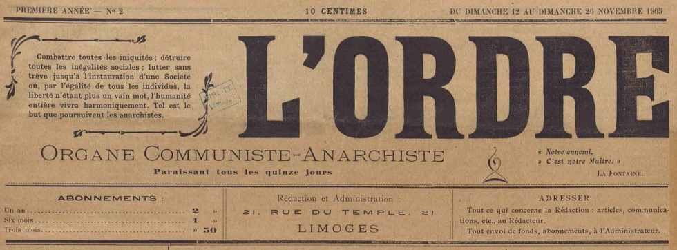Photo (Bibliothèque francophone multimédia (Limoges)) de : L'Ordre. Limoges, 1905-[1907 ?]. ISSN 2133-3513.