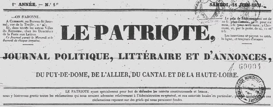 Photo (Bibliothèque du patrimoine de Clermont Auvergne métropole) de : Le Patriote. Clermont-Ferrand, 1831-1835. ISSN 2133-6563.