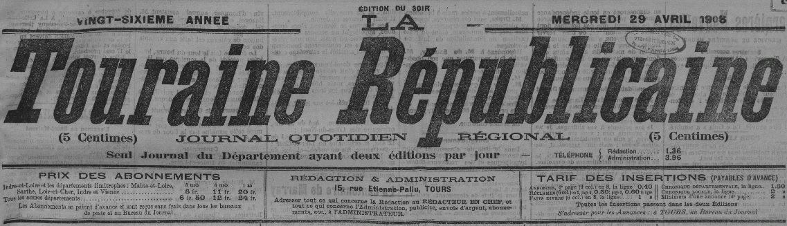 Photo (Indre-et-Loire. Archives départementales) de : La Touraine républicaine. Éd. du soir. Tours, [1901 ?]-1932. ISSN 2138-7362.
