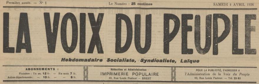 Photo (BnF / Gallica) de : La Voix du peuple. Brest, 1936. ISSN 2140-2469.