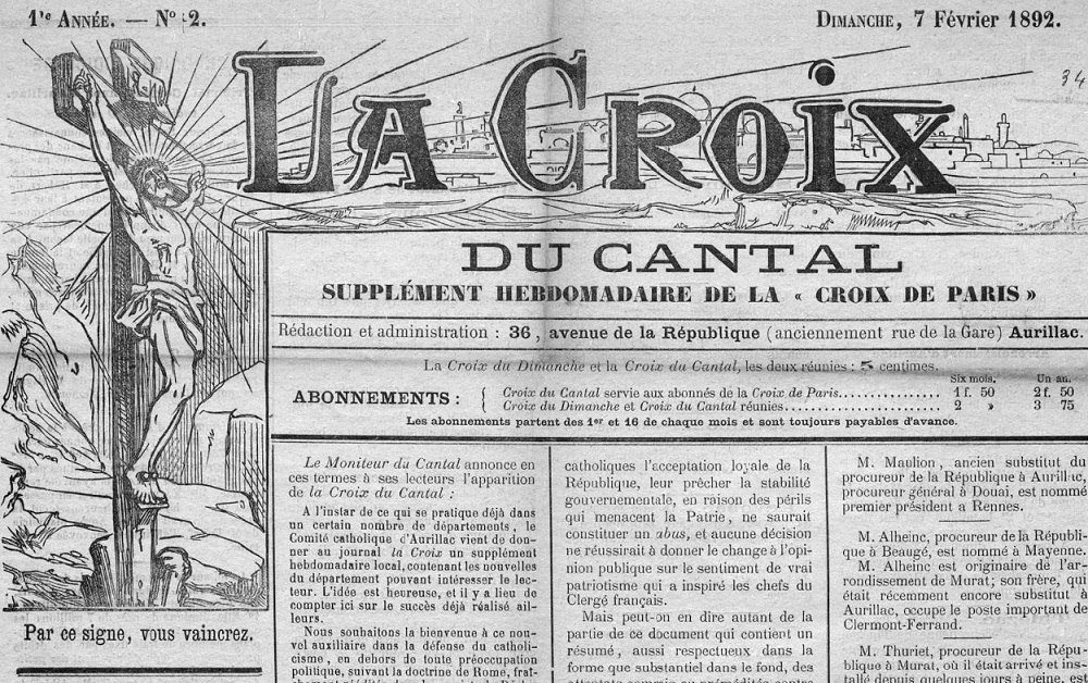 Photo (Cantal. Archives départementales) de : La Croix du Cantal. Aurillac, 1892-1944. ISSN 1148-4756.