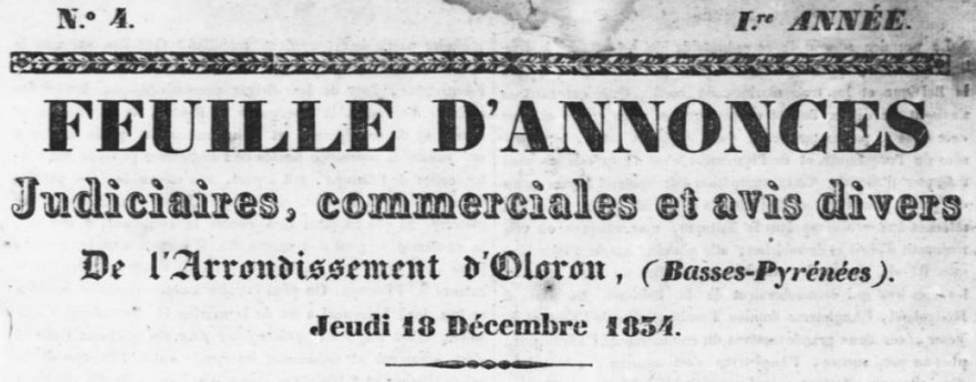Photo (BnF / Gallica) de : Feuille d'annonces judiciaires, commerciales et avis divers de l'arrondissement d'Oloron. Oloron, 1834-1840. ISSN 1965-6173.