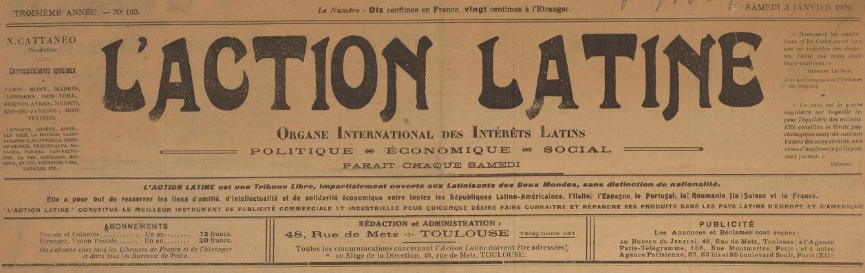 Photo (BnF / Gallica) de : L'Action latine. Toulouse, 1918-[1920?]. ISSN 2015-1675.