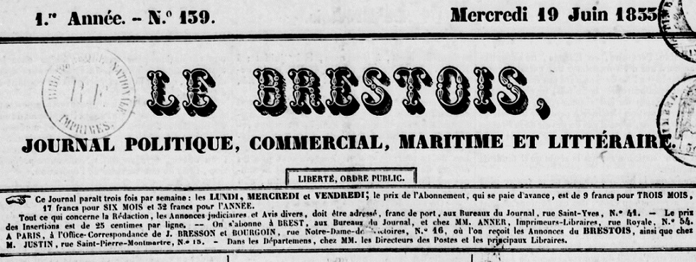 Photo (BnF / Gallica) de : Le Brestois. Brest, 1832-1833. ISSN 2122-2649.