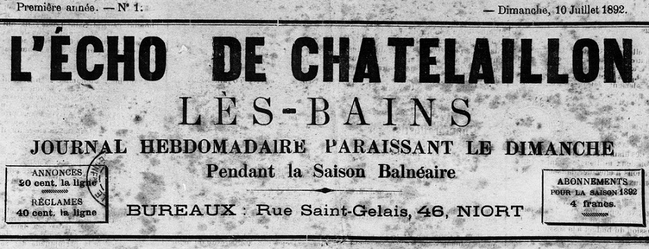 Photo (BnF / Gallica) de : L'Écho de Châtelaillon-les-Bains. Niort, 1892-1898. ISSN 2126-1717.
