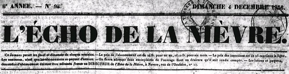 Photo (Nièvre. Archives départementales) de : L'Écho de la Nièvre. Nevers : impr. de Norbert Duclos, 1834-1848. ISSN 2115-1725.