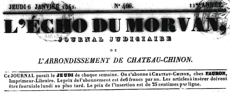 Photo (Nièvre. Archives départementales) de : L'Écho du Morvan. Château-Chinon : impr. N. Fauron, 1832-1932. ISSN 2116-2468.