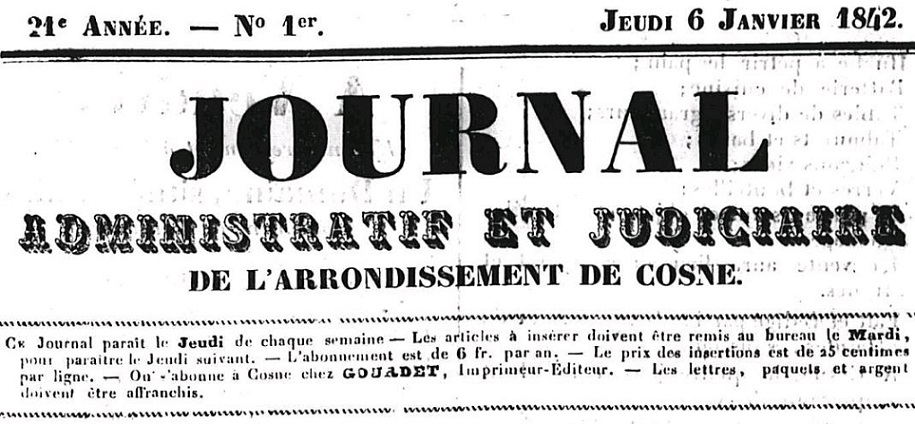 Photo (Nièvre. Archives départementales) de : Journal administratif et judiciaire de l'arrondissement de Cosne. Cosne, 1822-1853. ISSN 2261-8961.