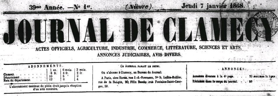 Photo (Nièvre. Archives départementales) de : Journal de Clamecy. Clamecy : Cégrétin, 1857-[1893 ?]. ISSN 2257-3933.