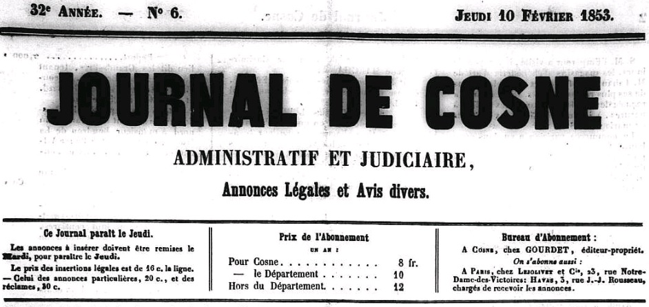 Photo (Nièvre. Archives départementales) de : Journal de Cosne. Cosne, 1853-1941. ISSN 2261-5032.