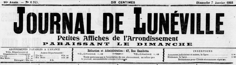 Photo (BnF / Gallica) de : Journal de Lunéville. Lunéville, 1873-1977. ISSN 0154-8468.