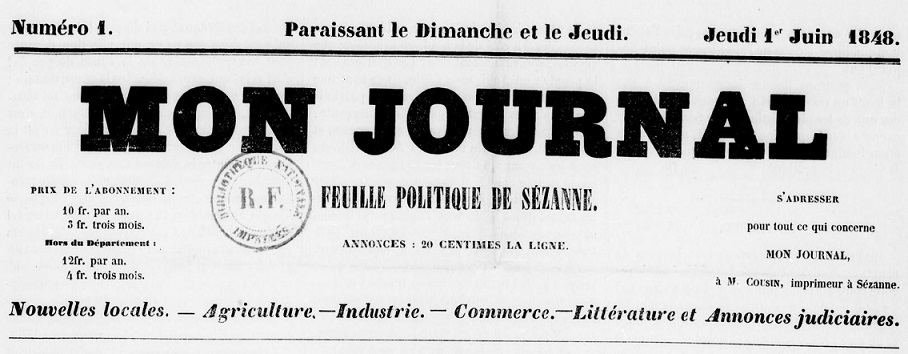 Photo (BnF / Gallica) de : Mon journal. Sézanne : Cousin, 1848. ISSN 2132-3526.