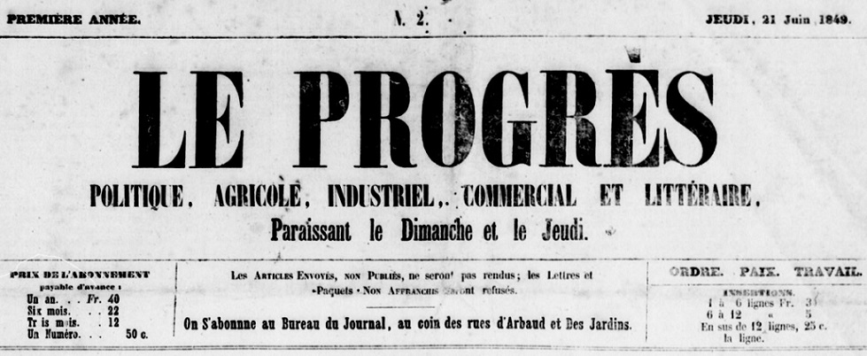 Photo (BnF / Gallica) de : Le Progrès. Pointe-à-Pitre, 1849-1850. ISSN 2427-8602.