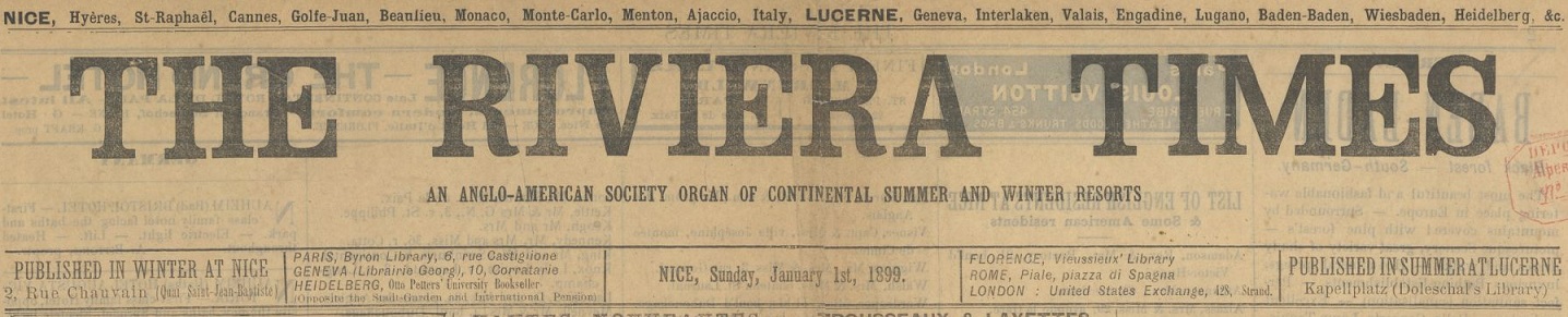 Photo (BnF / Gallica) de : The Riviera times. Nice, [1899 ?]. ISSN 2137-5852.