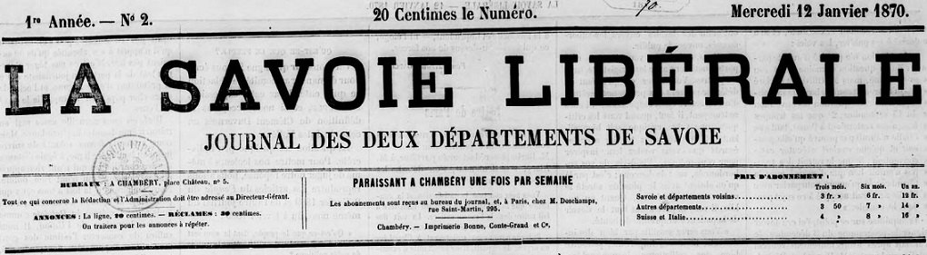 Photo (BnF / Gallica) de : La Savoie libérale. Chambéry, 1870. ISSN 2137-8282.