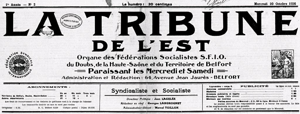 Photo (Territoire de Belfort. Archives départementales) de : La Tribune de l'Est. Belfort, 1926-1931. ISSN 2025-4601.