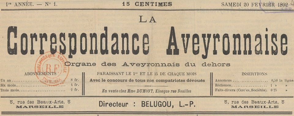 Photo (BnF / Gallica) de : La Correspondance aveyronnaise. Marseille, 1892-1893. ISSN 2124-4456.
