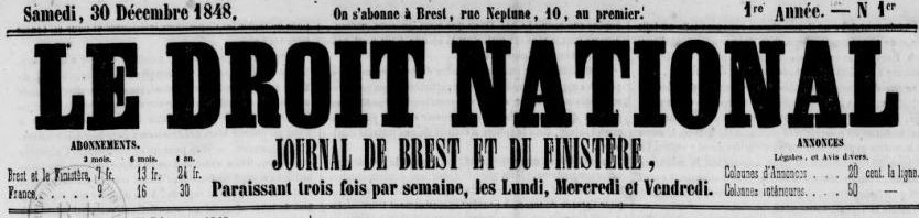 Photo (BnF / Gallica) de : Le Droit national. Brest, 1848-[1849 ?]. ISSN 2126-0087.