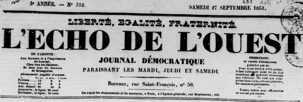 Photo (BnF / Gallica) de : L'Écho de l'Ouest. Poitiers, [1849 ?-1851 ?]. ISSN 2126-2322.