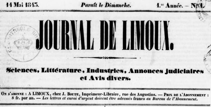 Photo (BnF / Gallica) de : Journal de Limoux. Limoux, 1843-1944. ISSN 2130-4882.