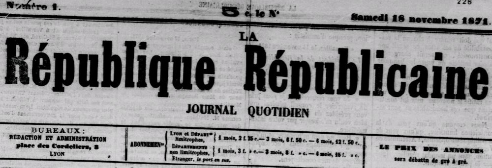 Photo (BnF / Gallica) de : La République républicaine. Lyon, 1871-1872. ISSN 2136-5881.