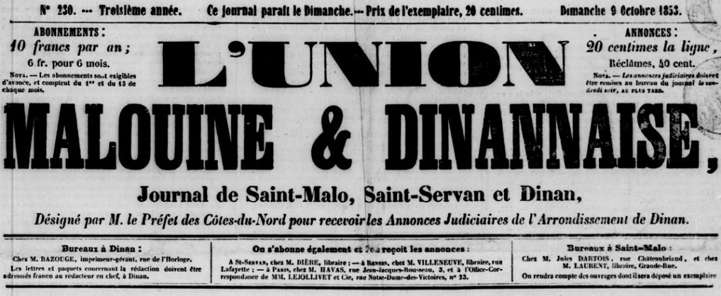 Photo (BnF / Gallica) de : L'Union malouine & dinannaise. Saint-Malo, Dinan, 1850-1939. ISSN 1963-756X.