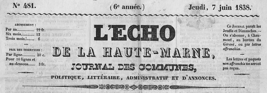 Photo (Haute-Marne. Archives départementales) de : L'Écho de la Haute-Marne. Chaumont, 1833-1848. ISSN 2126-2780.