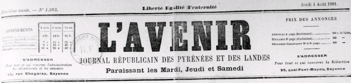 Photo (BnF / Gallica) de : L'Avenir. Bayonne, 1881-1908. ISSN 2016-0860.
