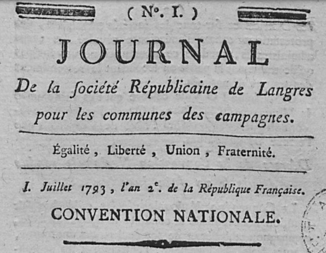 Photo (Haute-Marne. Archives départementales) de : Journal de la Société républicaine de Langres pour les communes des campagnes. Langres, 1793. ISSN 2108-0607.