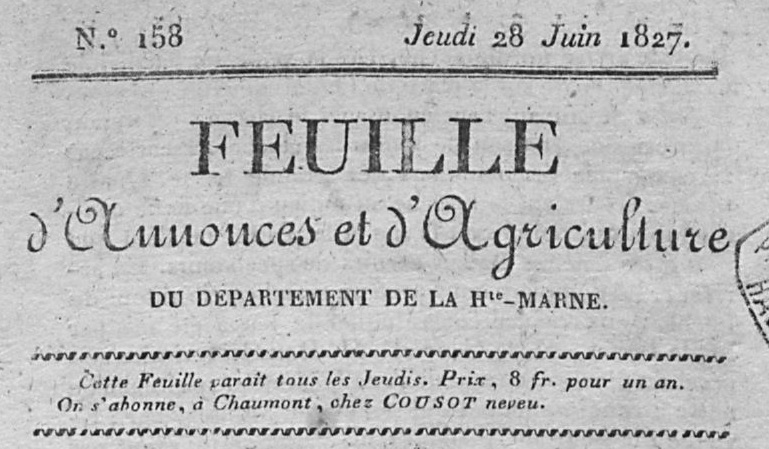 Photo (Haute-Marne. Archives départementales) de : Feuille d'annonces et d'agriculture du département de la Hte-Marne. Chaumont, [1825 ?-1827 ?]. ISSN 2780-0652.