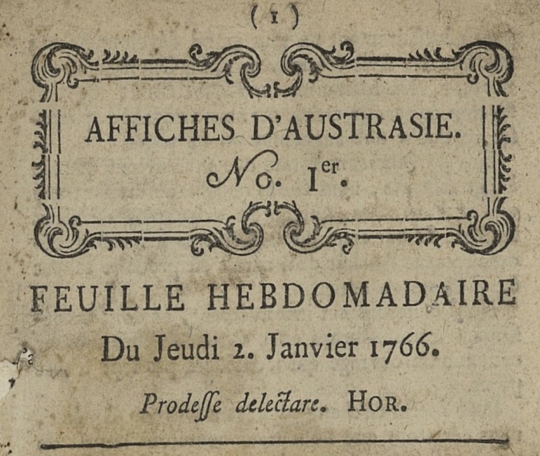 Photo (Sillon lorrain) de : Affiches d'Austrasie. Metz, 1766. ISSN 1963-6377.