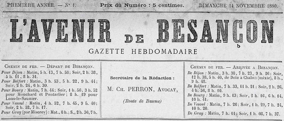 Photo (Bibliothèque municipale (Besançon)) de : L'Avenir de Besançon. Besançon, 1880-1881. ISSN 2121-3801.