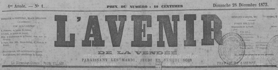 Photo (Vendée. Archives départementales) de : L'Avenir de la Vendée. Fontenay[-le-Comte], Luçon, 1873-1885. ISSN 2017-070X.