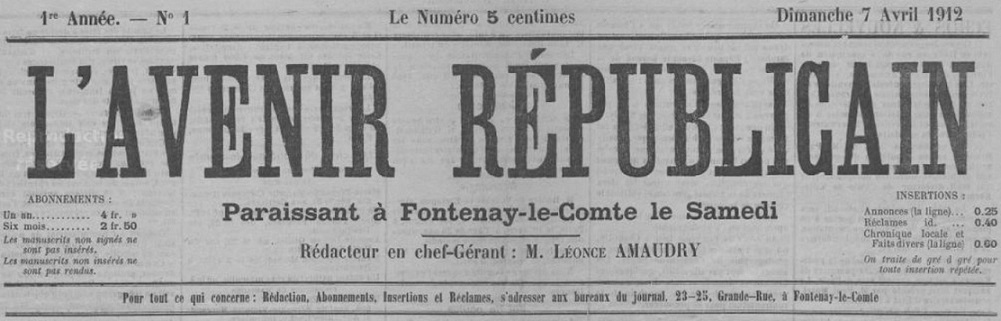 Photo (Vendée. Archives départementales) de : L'Avenir républicain. Fontenay-le-Comte, 1912-1914. ISSN 2121-6789.