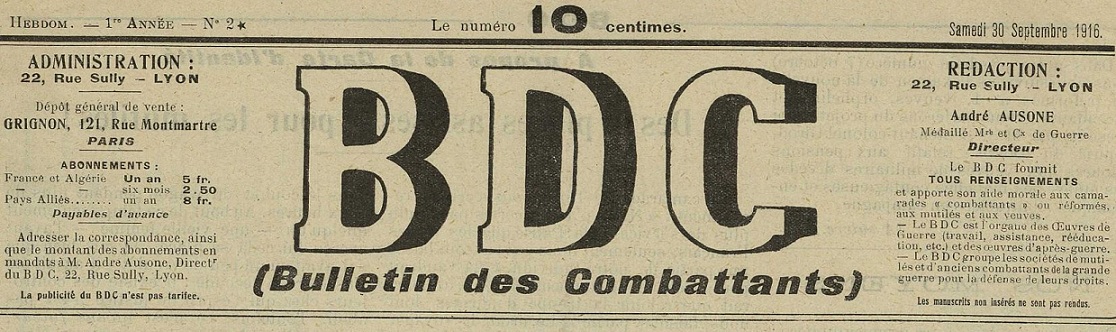 Photo (Bibliothèque municipale (Besançon)) de : BDC. Lyon : Impr. nouvelle lyonnaise, 1916-[1916 ?]. ISSN 2121-8943.