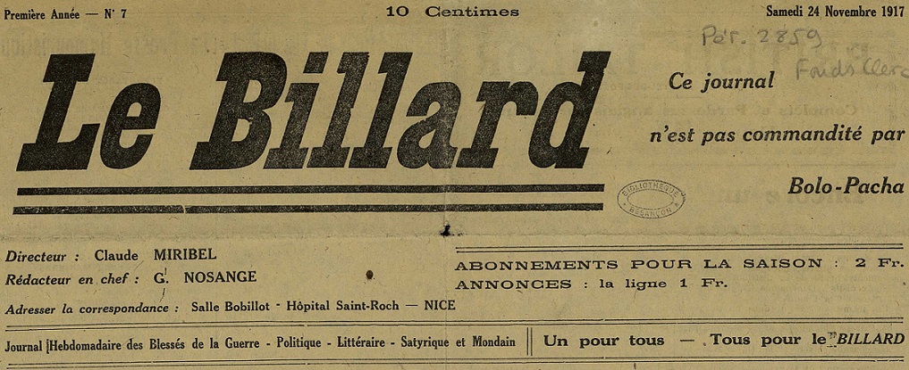 Photo (Bibliothèque municipale (Besançon)) de : Le Billard. Nice, 1917-1918. ISSN 2121-9850.