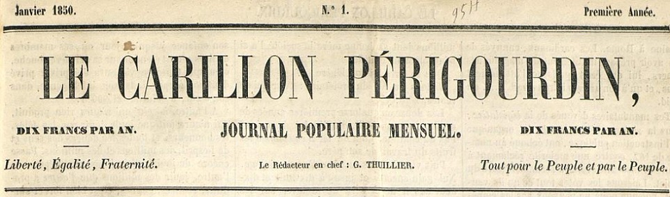 Photo (Bibliothèque francophone multimédia (Limoges)) de : Le Carillon périgourdin. Périgueux : Lavertujon, 1850. ISSN 2115-5577.