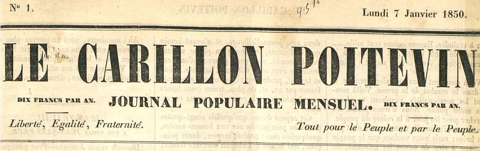 Photo (Bibliothèque francophone multimédia (Limoges)) de : Le Carillon poitevin. Poitiers : Impr. de Coignard et Bernard, 1850. ISSN 2123-4906.