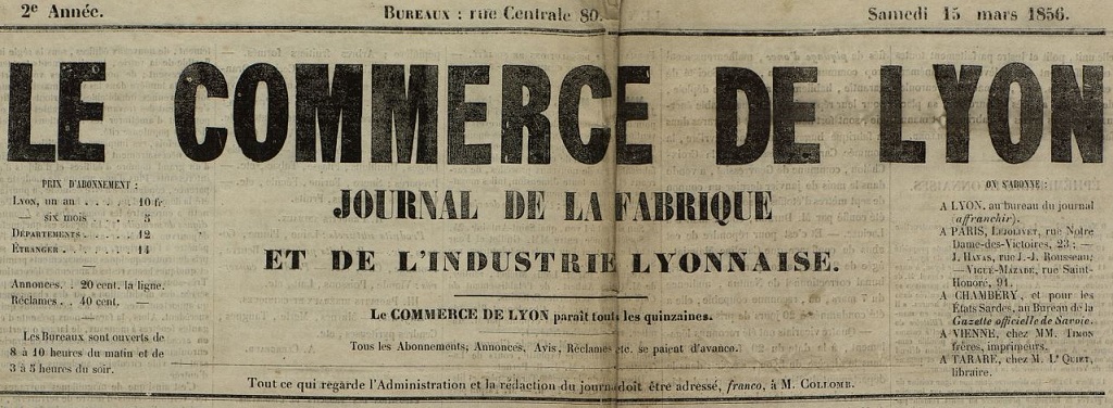 Photo (Bibliothèque municipale (Lyon)) de : Le Commerce de Lyon. Lyon, 1856-[1856 ?]. ISSN 2800-8936.